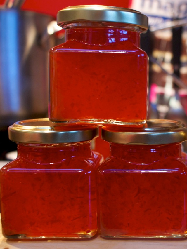 Freshly filled jars of chilli jam